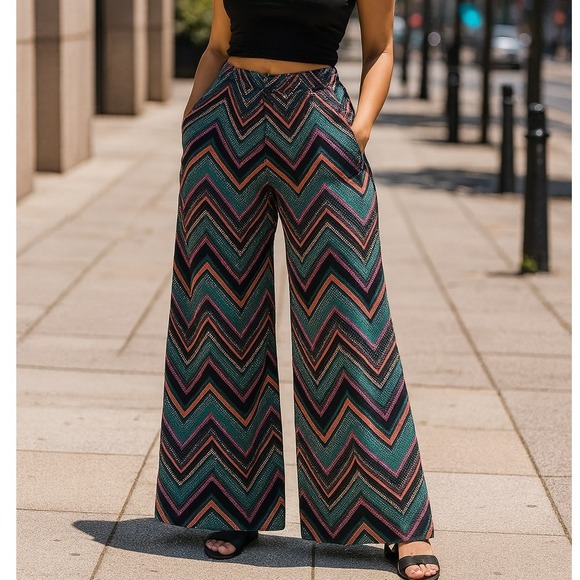 New Sou Bisou Wide Leg Palazzo Pants Chevron Print Lined Casual Comfy Small$50 - Picture 1 of 9